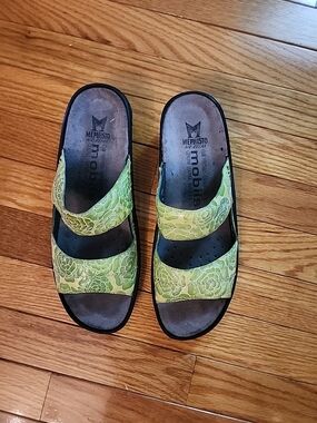 Mephisto Mobils Green Floral Leather Slide Sandals